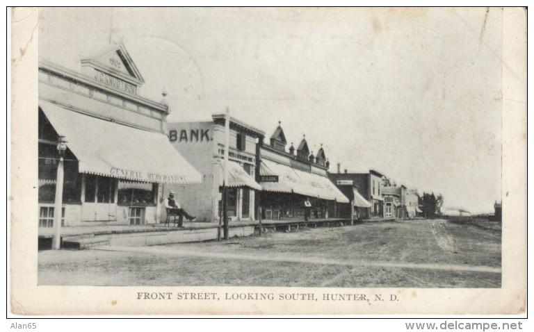 Hunter ND North Dakota, Front Street Scene, General Store, Bank, Dirt Street, c1900s Vintage Postcard