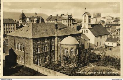 iceland, REYKJAVIK, Alþingishúsið og Dómkirkjan (1930s) RPPC Postcard