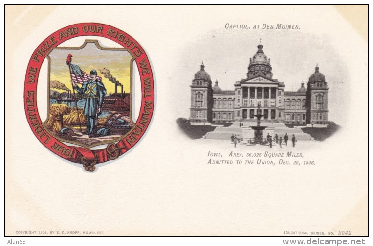 Iowa State Capitol Building, Des Moines IA c1900s Vintage Postcard, Paducah KY Clothing Store Message on back