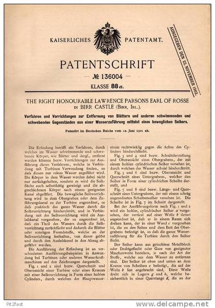 Original Patentschrift - Parsons Earl of Rosse in Birr Castle , Irland , 1901 , Beseitigung von Blättern aus Wasser !!!