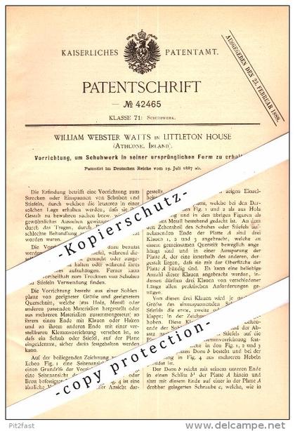 Original Patent - William Watts in Littleton House , Athlone , 1887 , Tensioning device for shoes , Ireland !!!