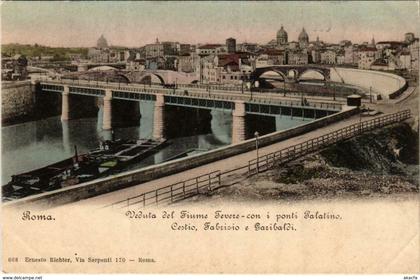 CPA ROMA Veduta del Fiume Tevere con I ponti Palatino ITALY (801675)