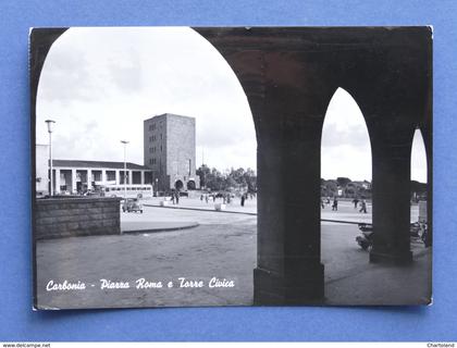 Cartolina Carbonia - Piazza Roma e Torre Civica - 1959