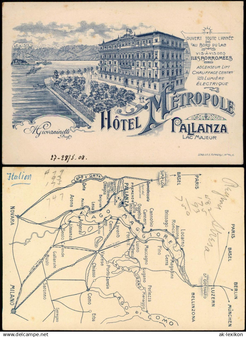 .Italien Italia Karte - Hotel Metropole Lago Maggiore Lac Majeur 1908