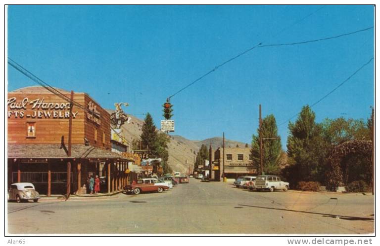 Jackson WY Wyoming, Street Scene, Autos Volkswagen, Jewelry Store, c1950s/60s Vintage Postcard