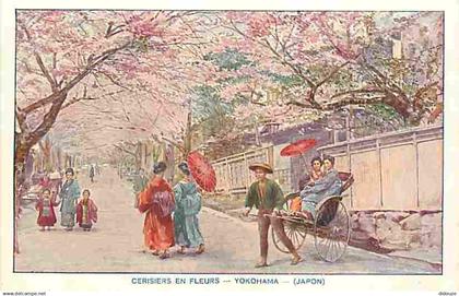 Japon - Cerisiers en fleurs - Animée - Colorisée - Pousse-pousse - CPA - Voir Scans Recto-Verso