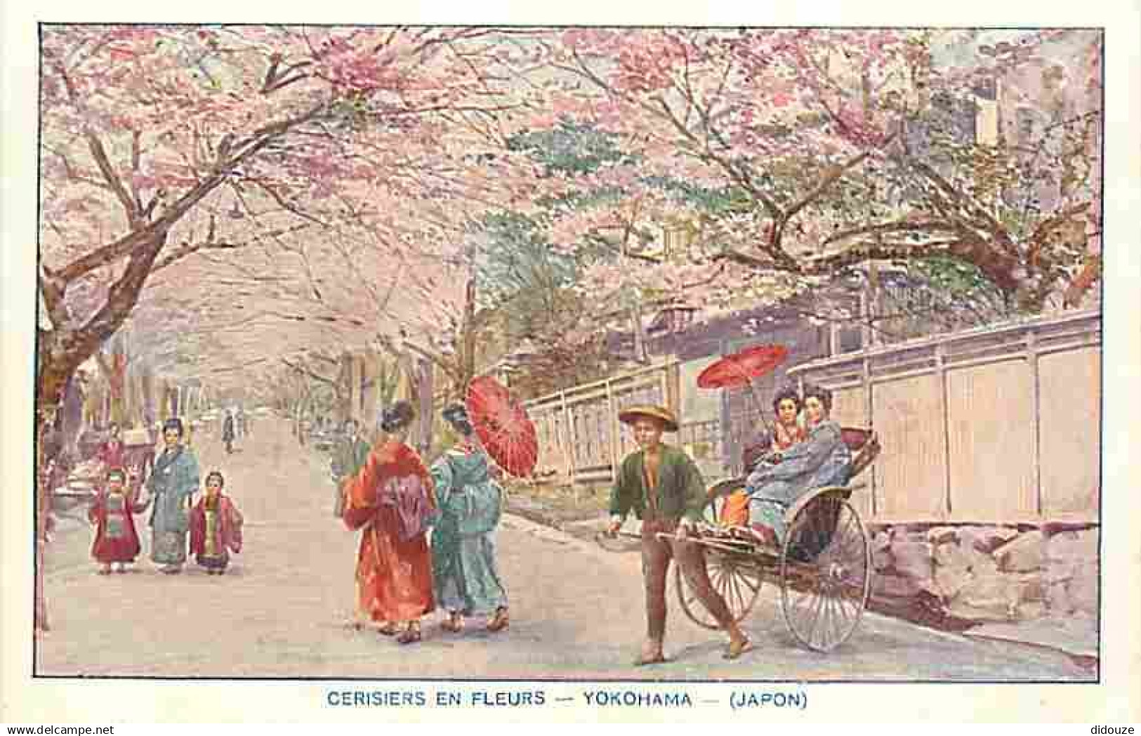 Japon - Cerisiers en fleurs - Animée - Colorisée - Pousse-pousse - CPA - Voir Scans Recto-Verso