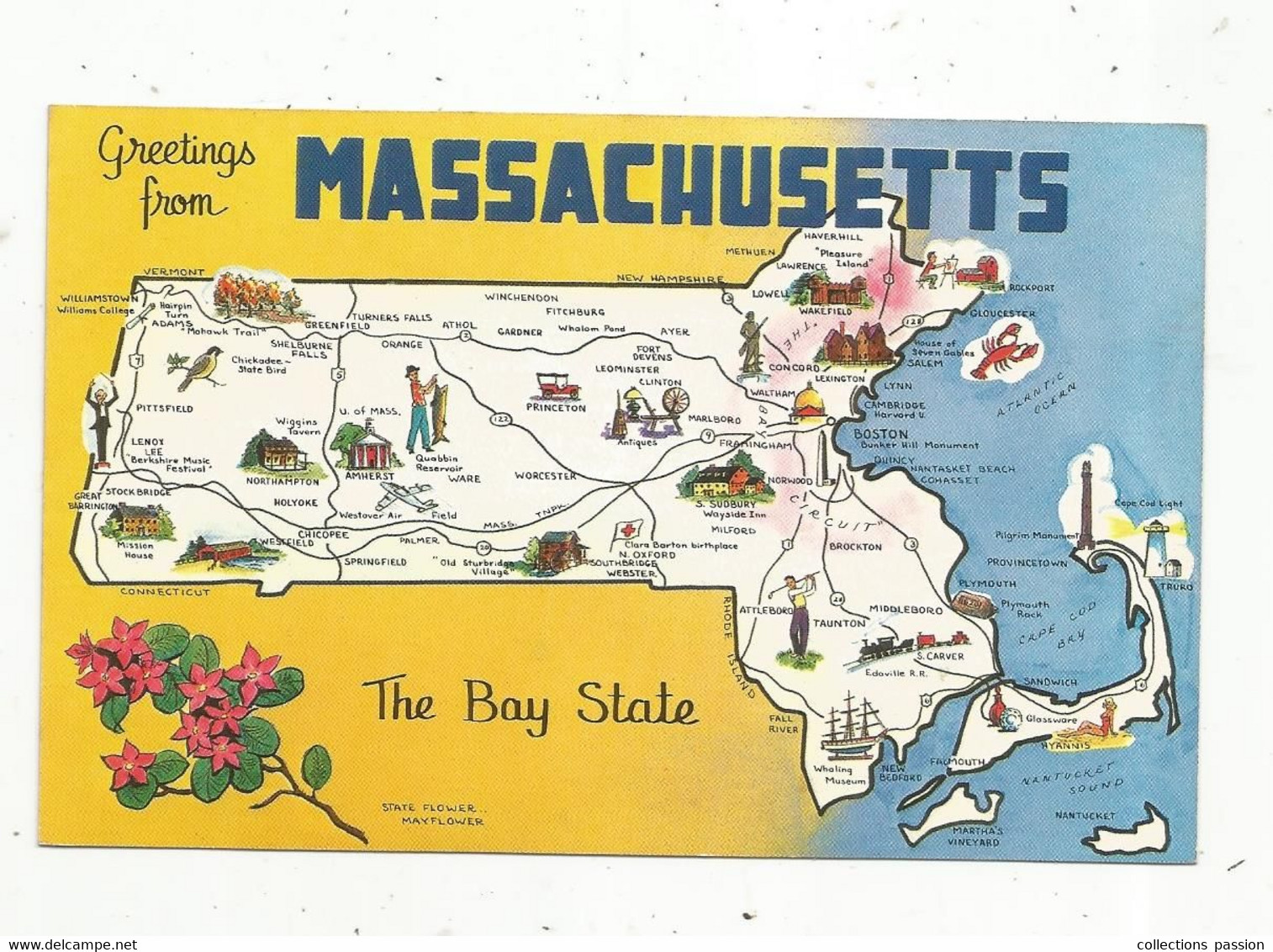 JC , G , cp , Etats Unis , MA , greetings from MASSACHUSETTS , bay state , old colony