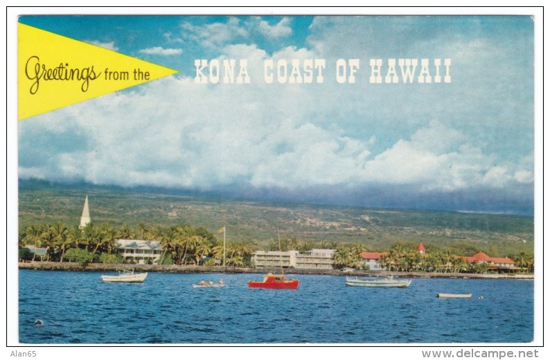 Kailua, Kona, Island of Hawaii, View of Coastline, Boats in Water, c1950s Vintage Postcard