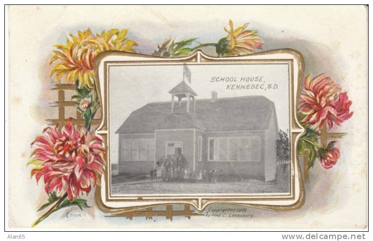 Kennebec SD South Dakota, School House, DPO-3 Doane Postmark on 1900s Vintage Embossed Postcard