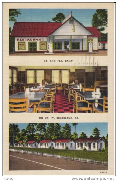 Kingsland GA Georgia, GA &amp; FL Camp, Service Station Cabins Lodging, on c1940s/50s Vintage Linen Postcard