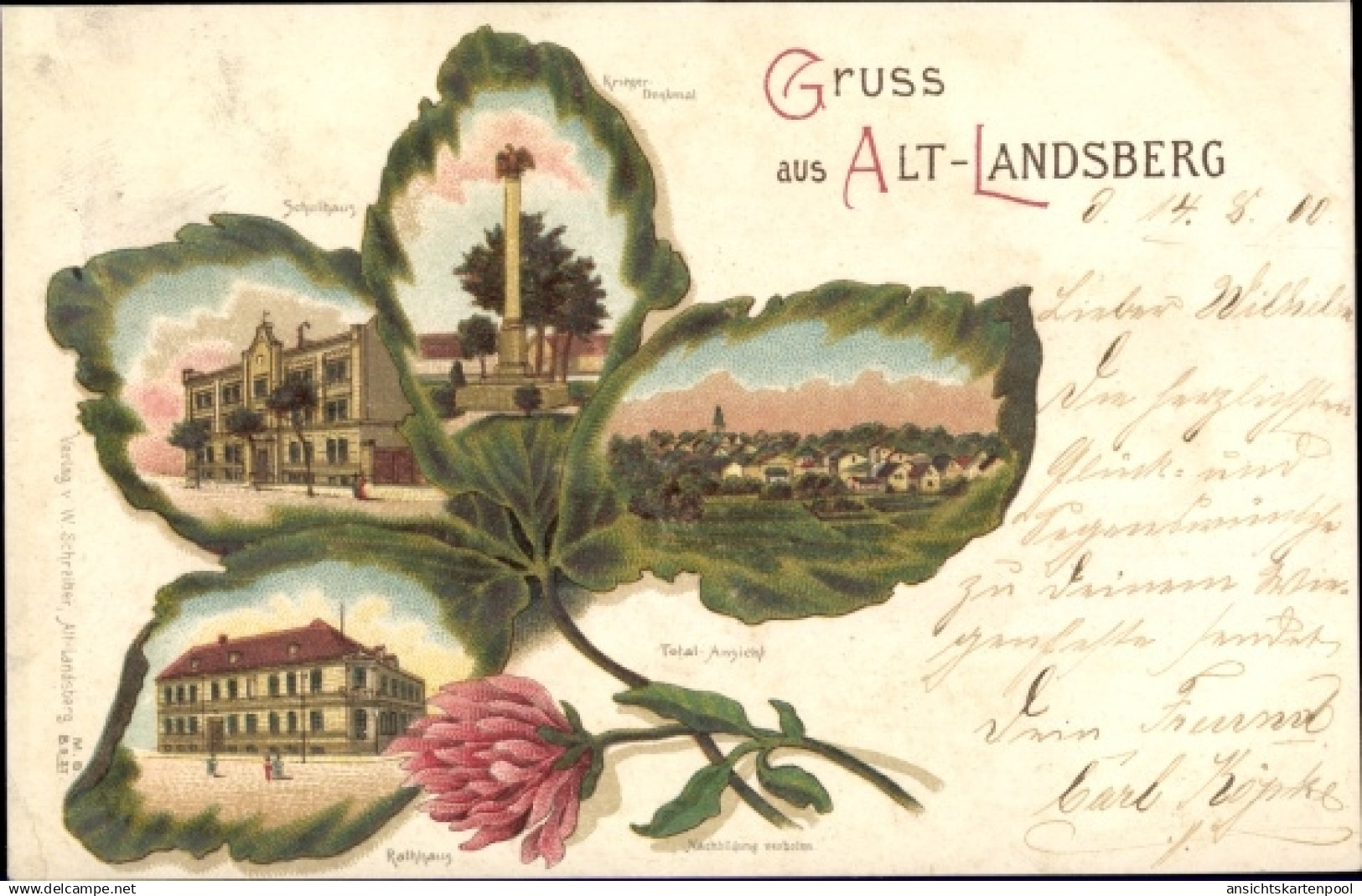 Kleeblatt Lithographie Altlandsberg in der Mark, Rathaus, Kriegerdenkmal, Schulhaus, Gesamtansicht