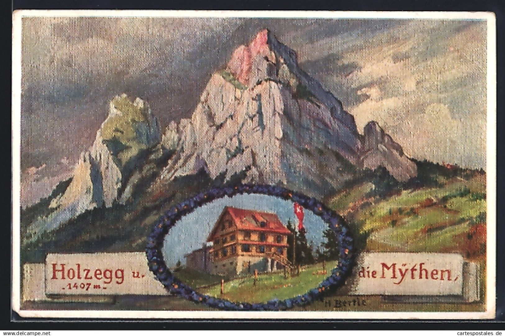 Künstler-AK Alpthal, Gasthaus Holzegg und Mythen