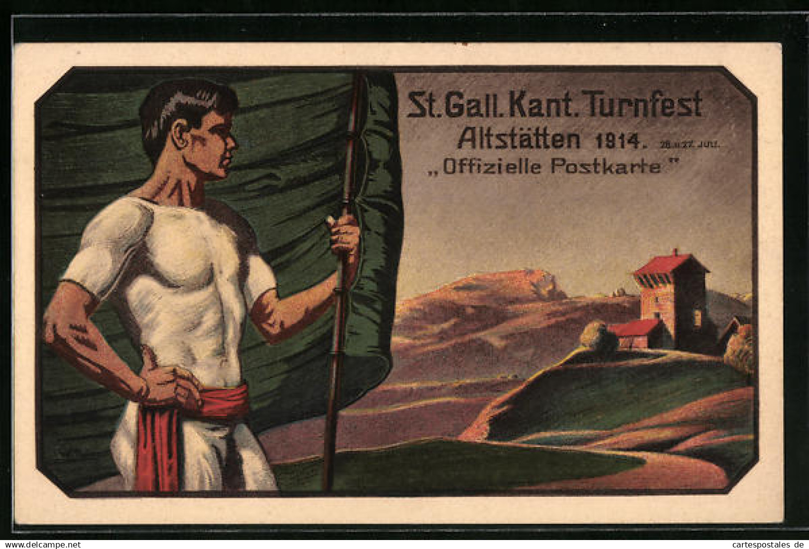 Künstler-AK Altstätten, St. Gall. Kant. Turnfest 1914. Turner mit Standarte