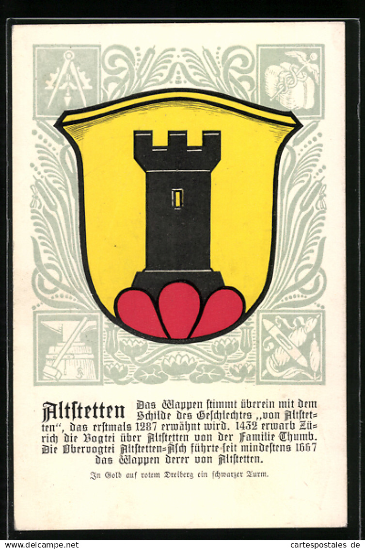 Künstler-AK Altstetten, Wappen mit schwarzem Turm auf rotem Dreiberg