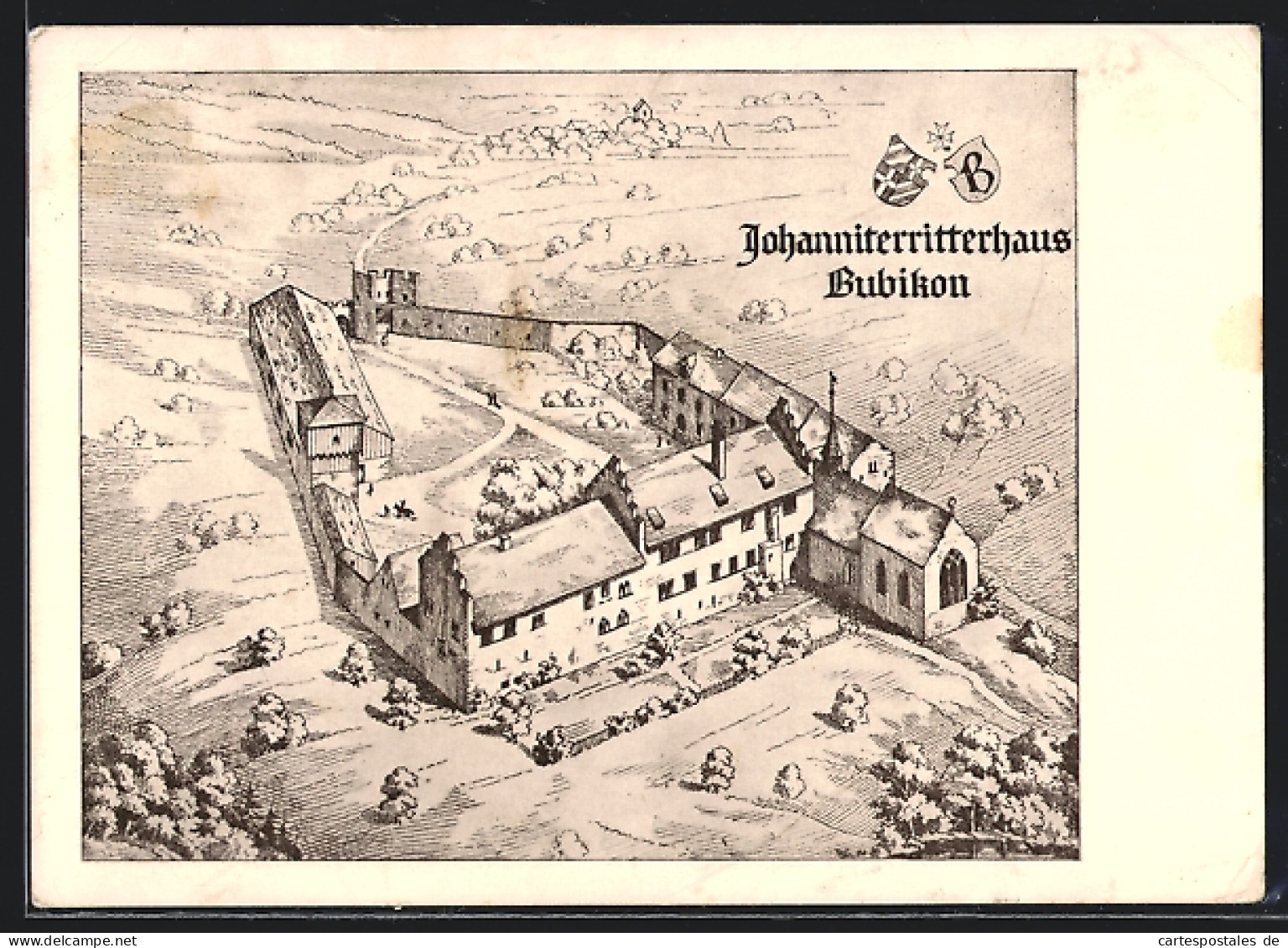 Künstler-AK Bubikon, Johanniterritterhaus aus der Vogelschau