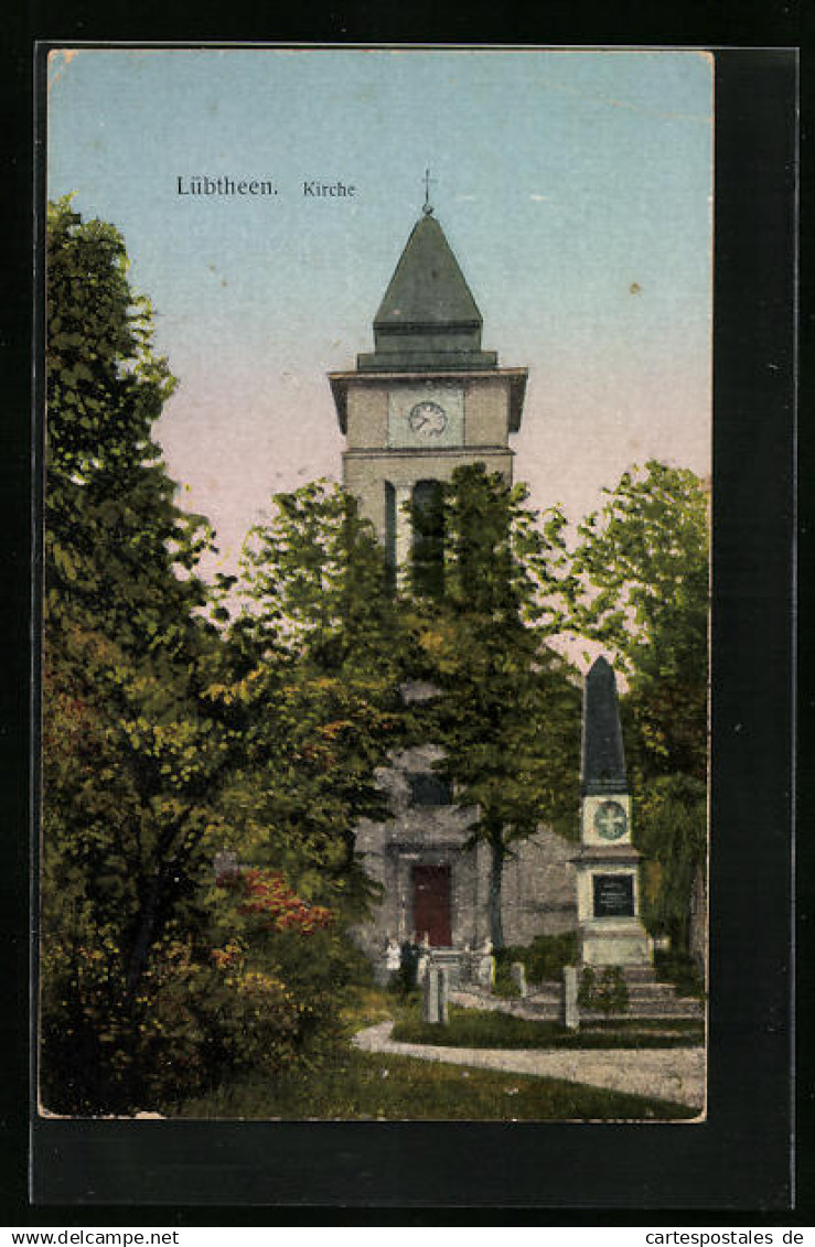 Künstler-AK Lübtheen, Kirche mit Denkmal