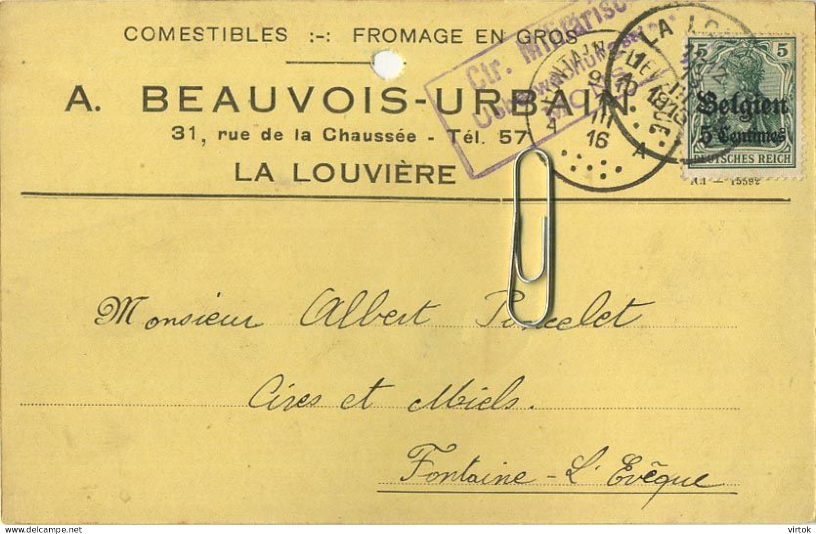 La Louvière : 1916 : A. Beauvois : Comestibles- Fromage en gros