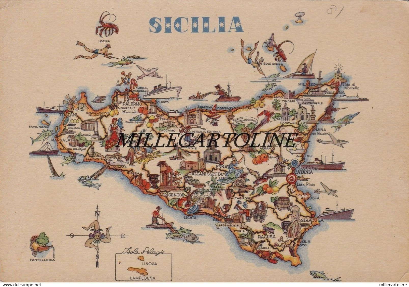 La Regione Sicilia con i suoi prodotti e bellezze (carta della Sicilia)