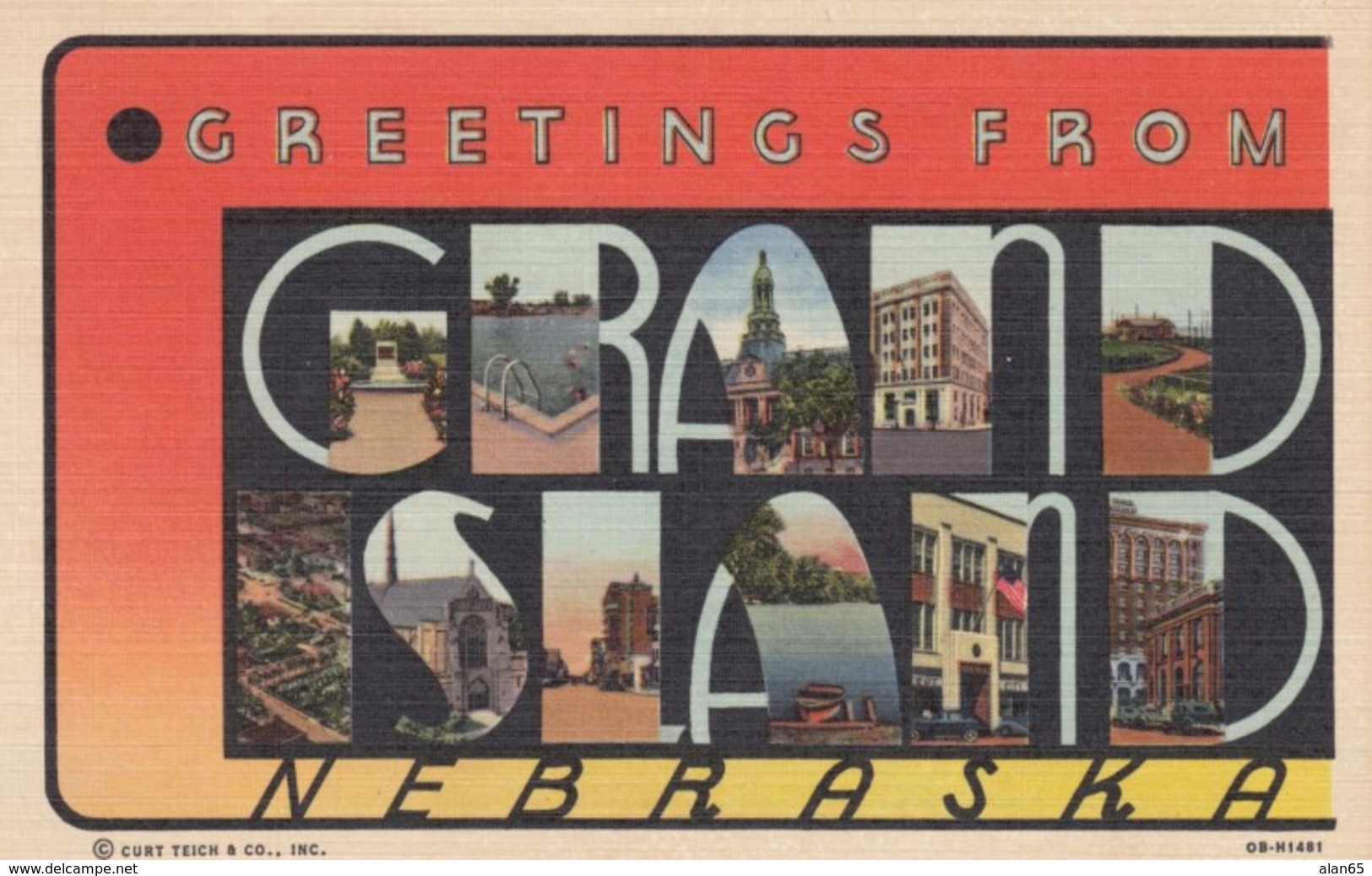 Large Letter Greetings from Grand Island Nebraska, Art Deco Font, c1940s Vintage Curteich Linen Postcard