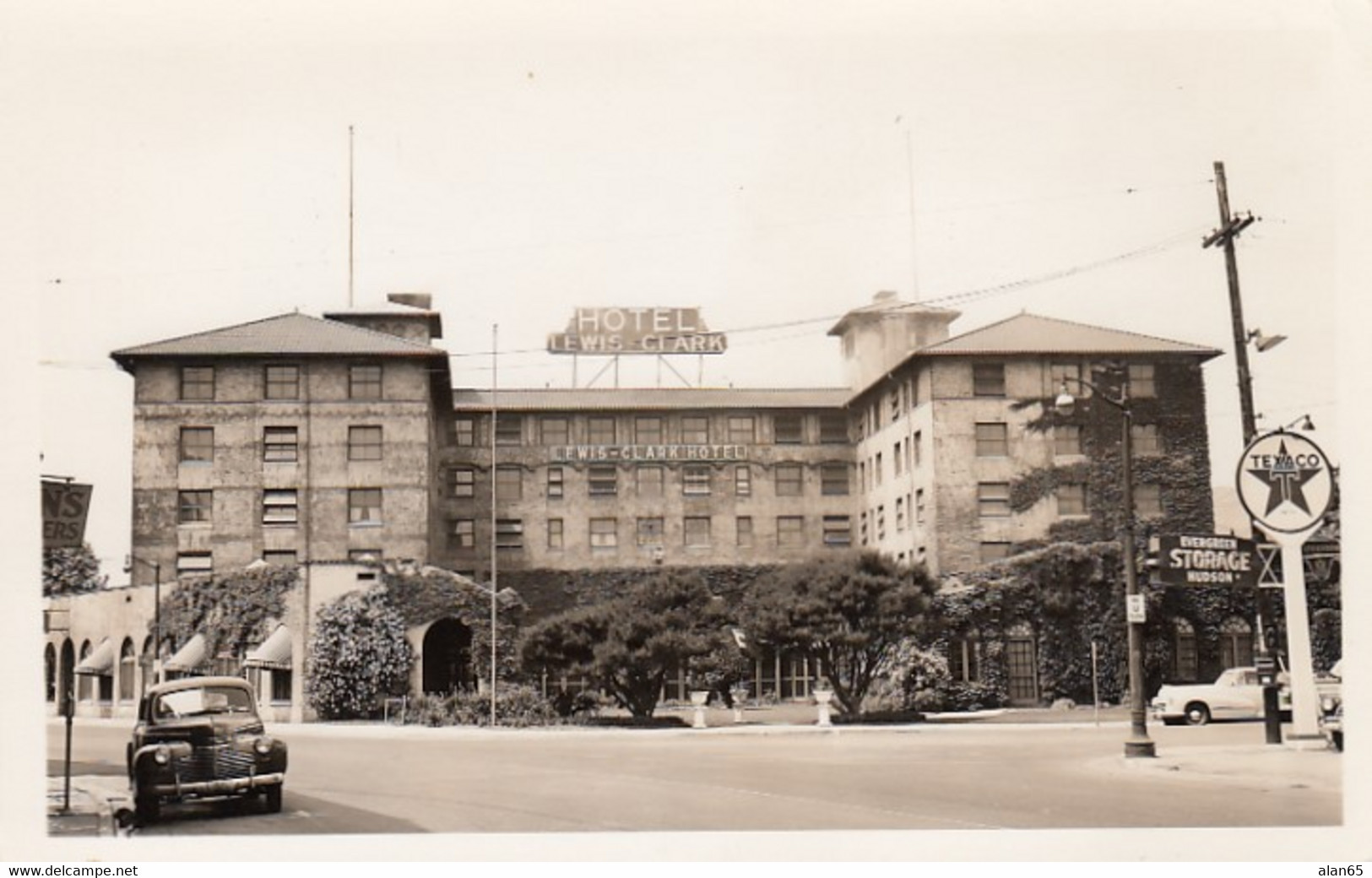 Lewiston Idaho, Hotel Lewis & Clark, Texaco Gas Station, Auto, c1950s Vintage Real Photo Postcard