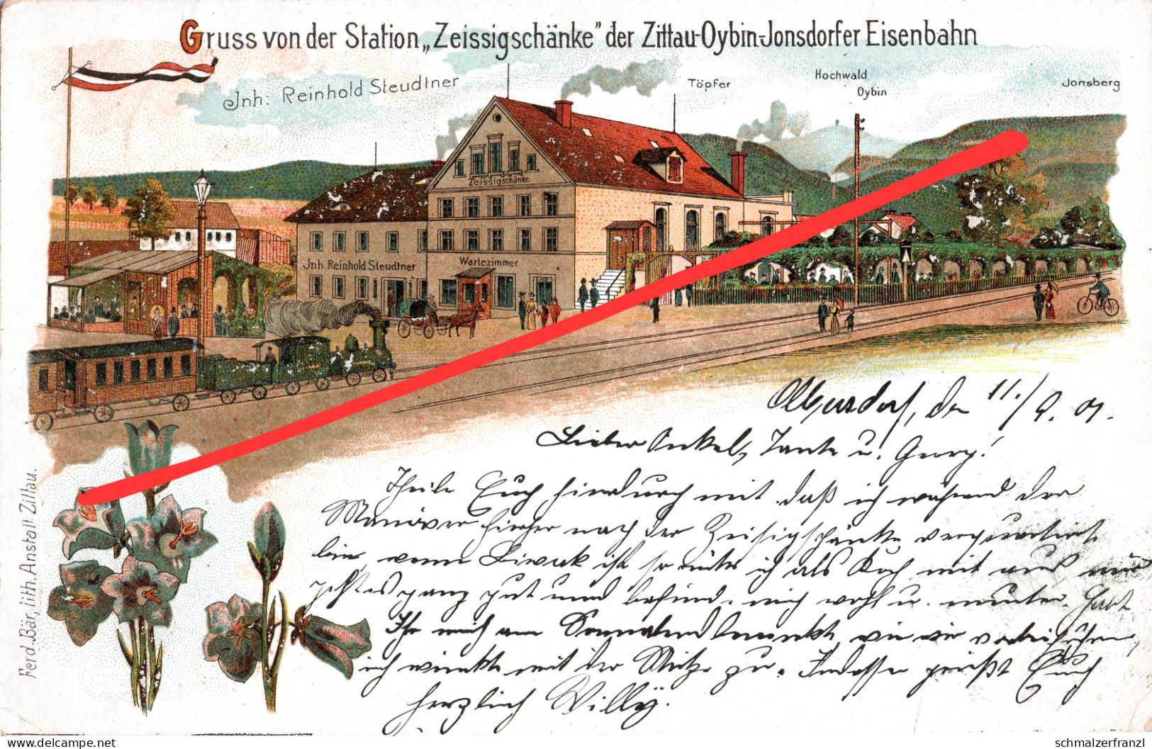 Litho AK Bahnhof Gasthof Zeissigschänke Zeissigschenke Zeisigschenke Olbersdorf Bertsdorf Oybin Jonsdorf Zittau Bahnpost