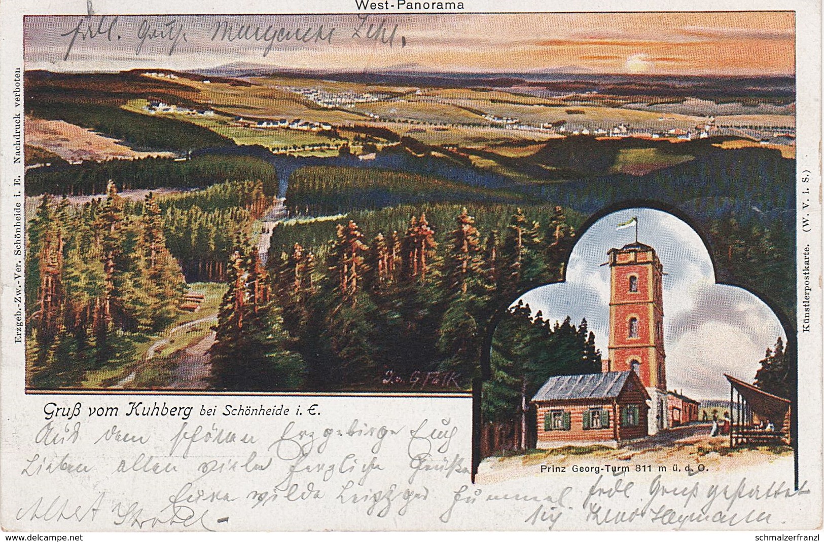 Litho AK Kuhberg West Panorama Prinz Georg Turm Gasthof a Schönheide Stützengrün Steinberg Wernesgrün Erzgebirge