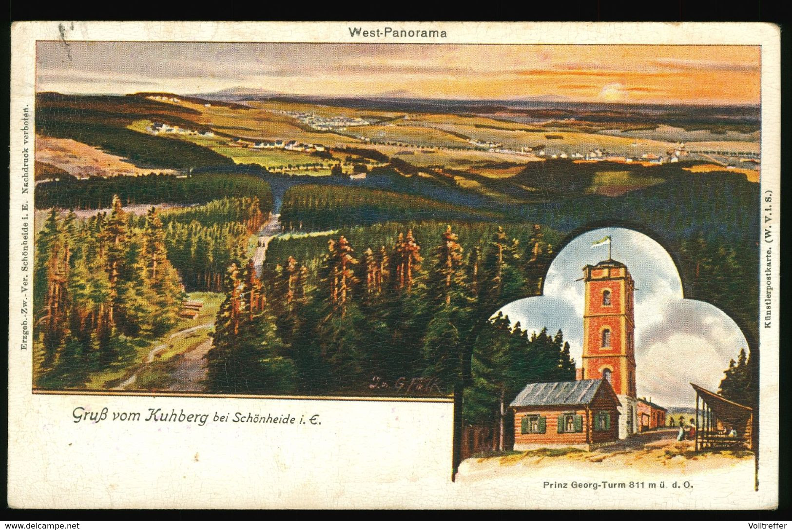 Litho AK um 1920, Gruß vom Kuhberg bei Schönheide im Erzgebirge, Prinz Georg Turm