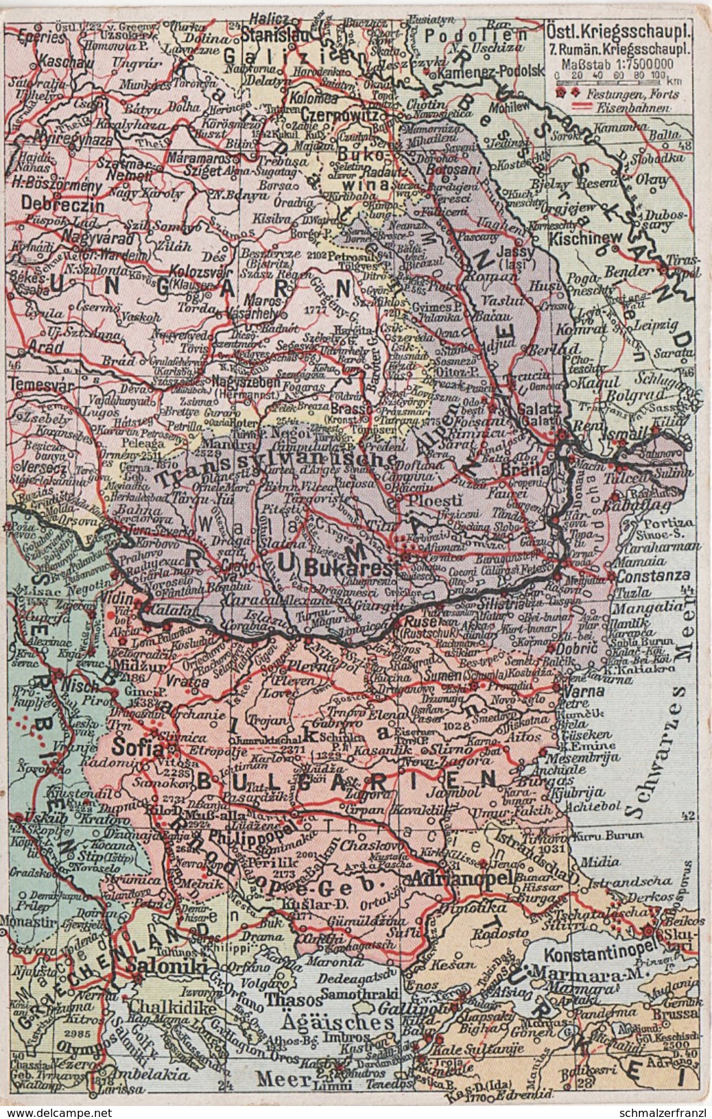 Litho Landkarte AK Östlicher Kriegsschauplatz 7. Rumänien Ungarn Bukowina Galizien Bessarabien Dobrudscha Siebenbürgen