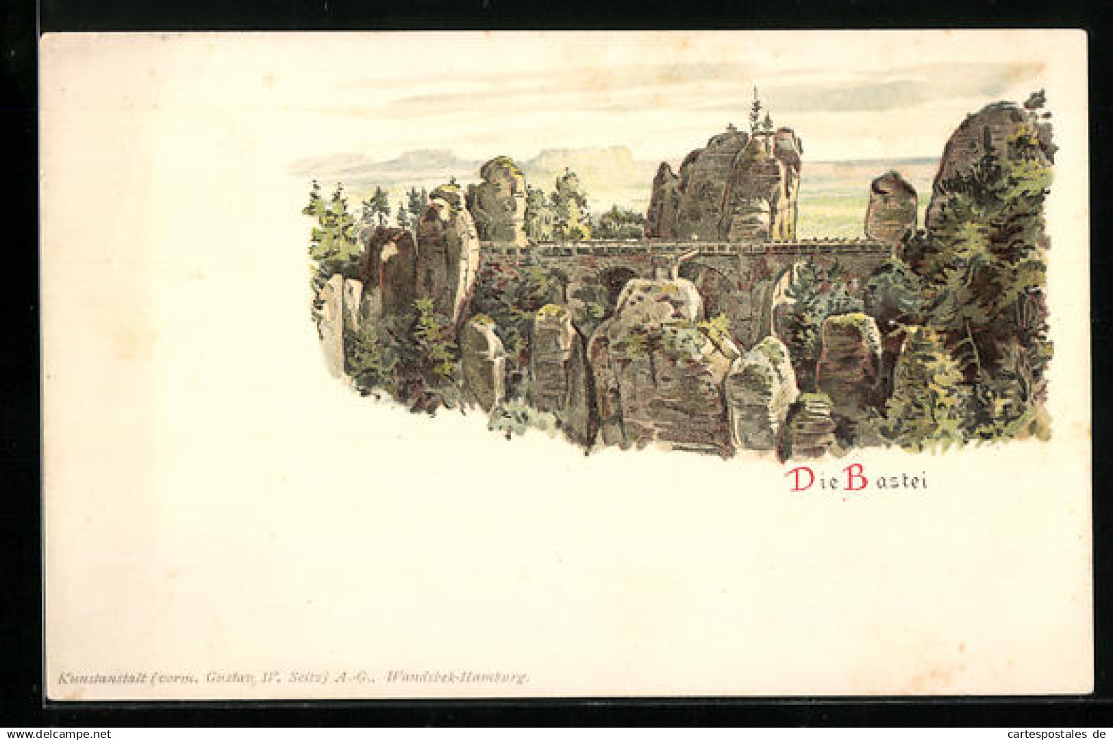 Lithographie Bastei / Sächs. Schweiz, Bastei-Brücke