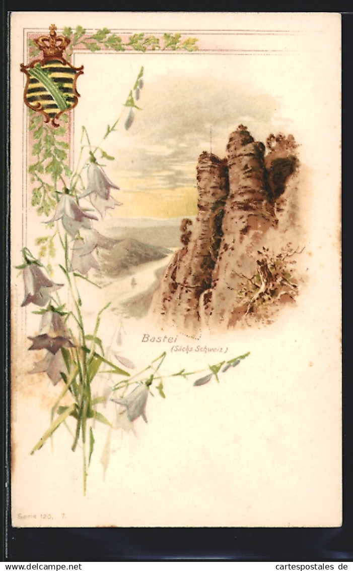 Lithographie Bastei /Sächs. Schweiz, Ortsansicht mit Strasse, Glockenblumen, Wappen