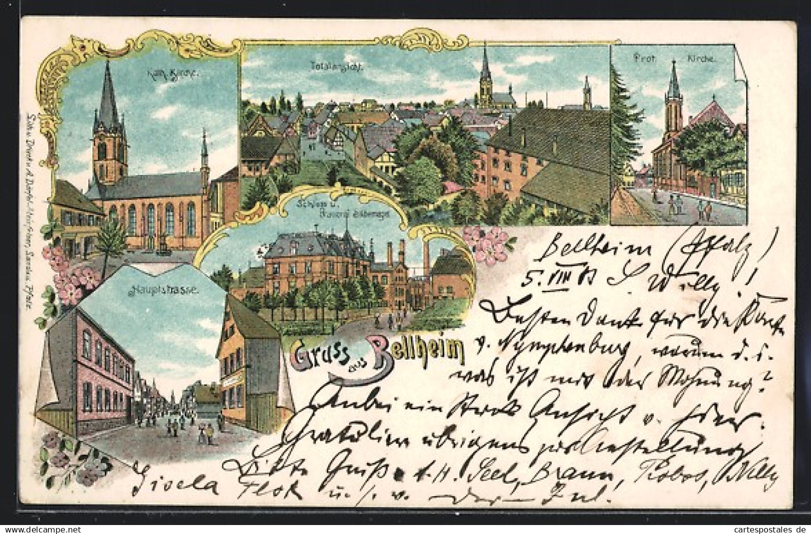 Lithographie Bellheim, Hauptstrasse, Kath. Kirche, Schloss und Brauerei Silbernagel