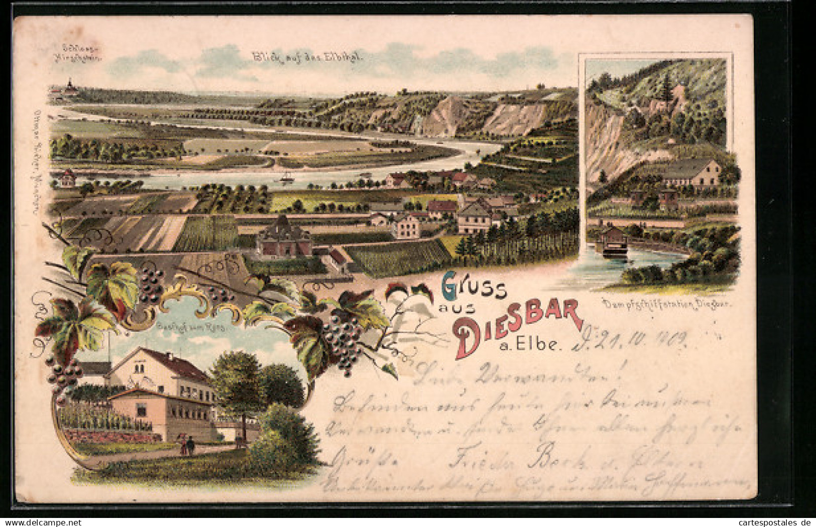 Lithographie Diesbar a. Elbe, Gasthof zum Ross, Blick auf das Elbthal mit Schloss Hirschstein, Dampfschiffstation