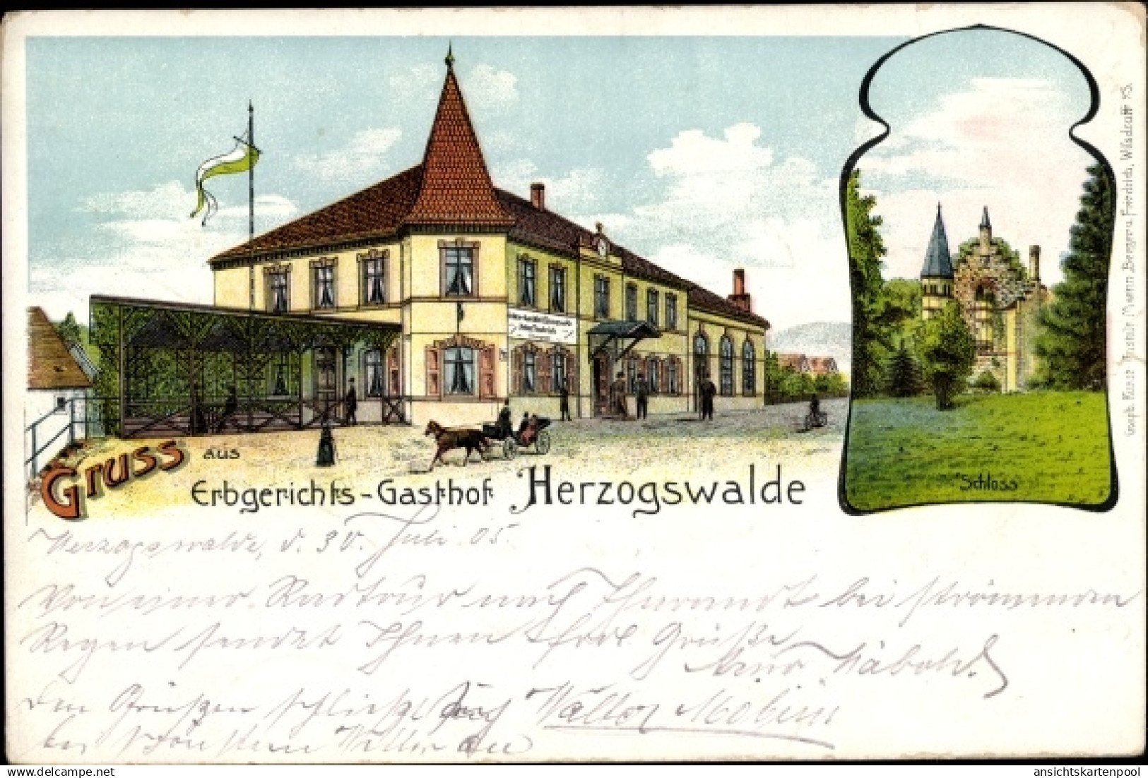 Lithographie Herzogswalde Wilsdruff in Sachsen, Erbgerichts Gasthof, Schloss