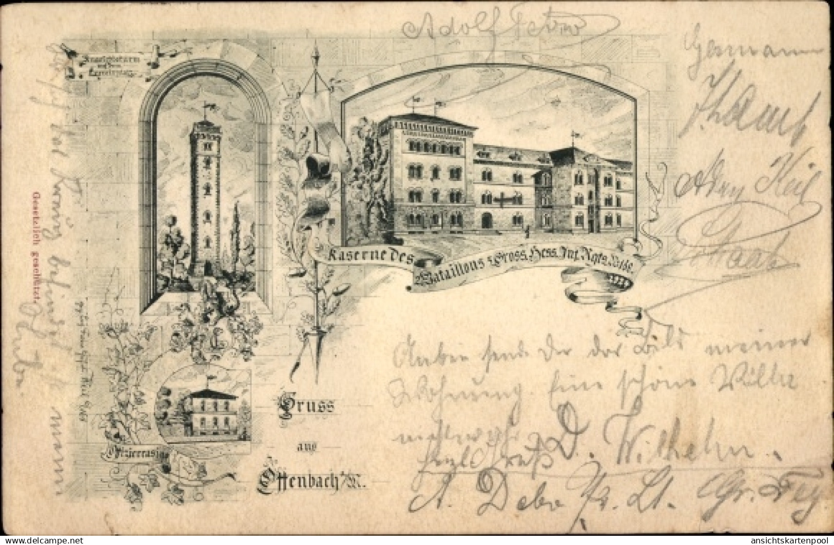 Lithographie Ottenbach in Württemberg, Kaserne 2. Batl. Großhess. Inf. Regt. Nr. 2