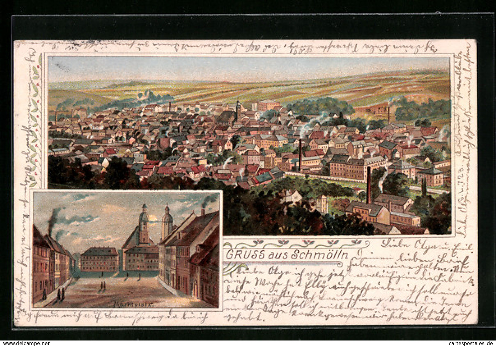 Lithographie Schmölln, Teilansicht, Marktplatz