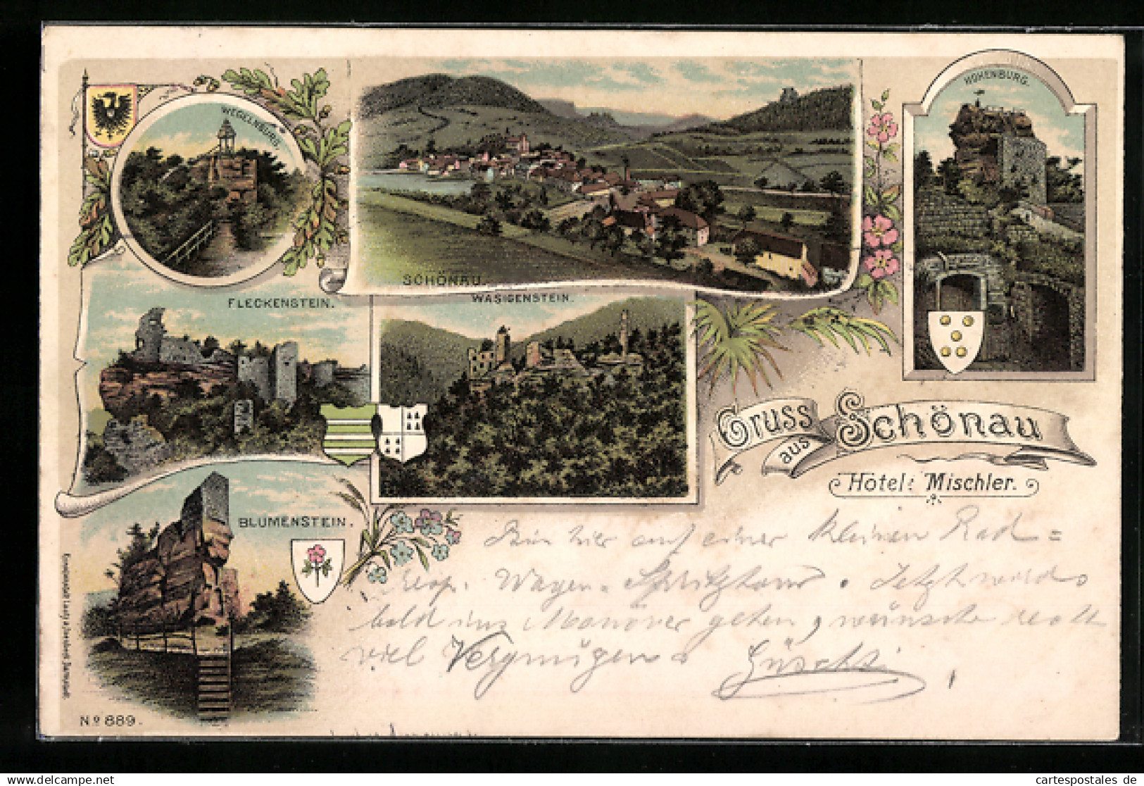 Lithographie Schönau, Teilansicht mit Hotel Mischler, Fleckenstein, Blumenstein, Hohenburg