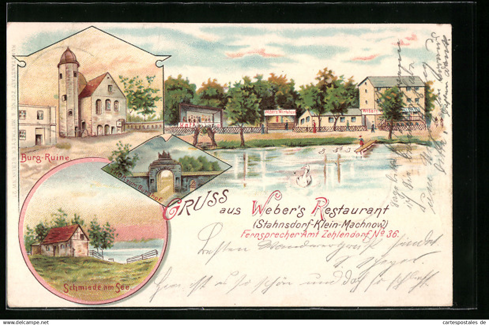 Lithographie Stahnsdorf b. Klein-Machnow, Webers Restaurant, Burgruine und Schmiede am See