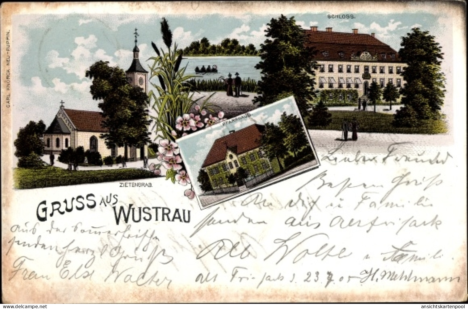 Lithographie Wustrau Altfriesack Fehrbellin in Brandenburg, Zietengrab, Kirche, Pfarrhaus, Schloss