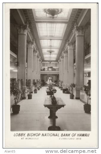 Lobby Interior Bishop National Bank of Hawaii, Honolulu HI Hawaii, c1950s Vintage Real Photo Postcard