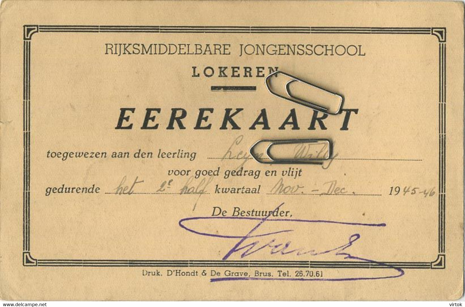 LOKEREN :  eerekaart jongensschool  1945 - 46     (  verso  TIENEN )