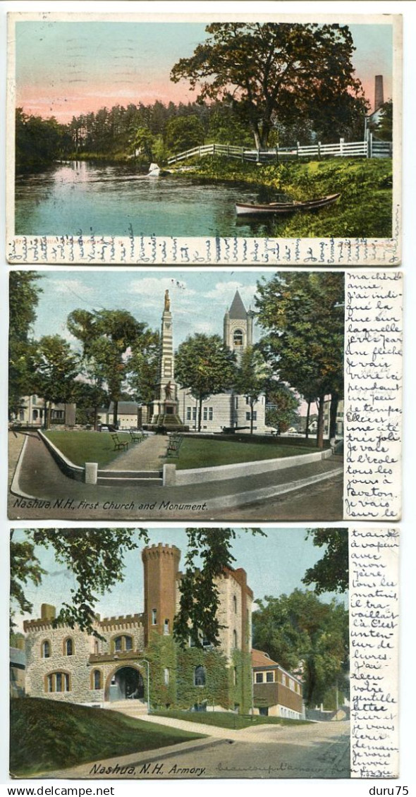 LOT 3 CP Voyagé 1905 * NASHUA Nashua River / First Church and Monument / Armory * Dos simple