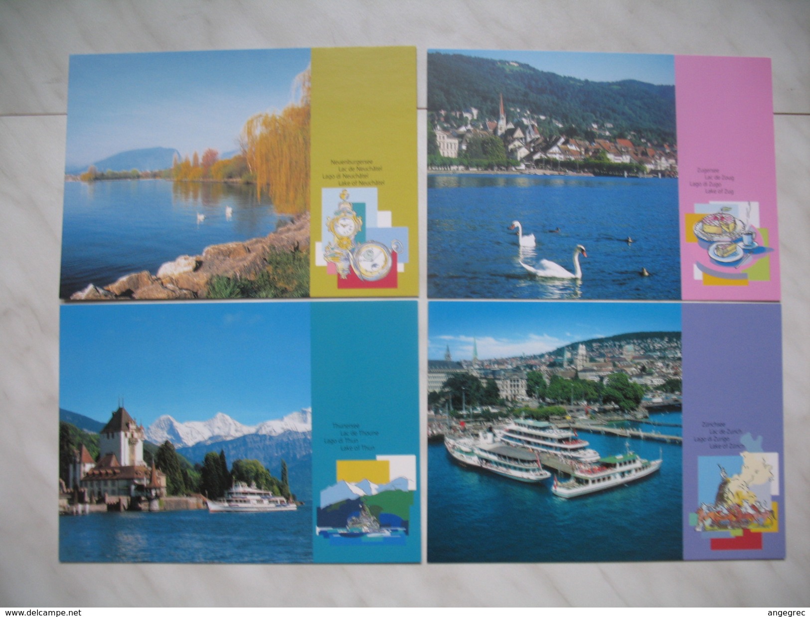 Lot de 4 cartes, Lac de Zoug, Lac de Zurich, Lac de Neuchâtel, Lac de Thoune