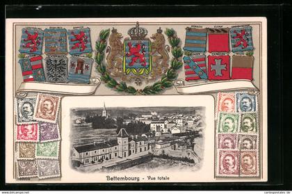 AK Bettembourg, Vue totale, Wappen, Briefmarken