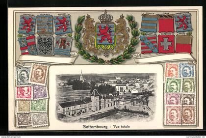 Präge-AK Bettembourg, Vue totale, Wappen und Briefmarken