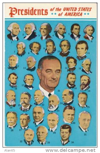 Lyndon Johnson &amp; All US Presidents' Portraits, 1960s Vintage Postcard