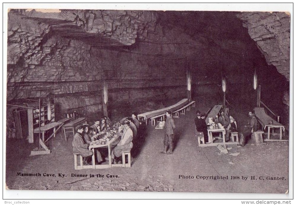 Mammoth Cave, dinner in the cave, the Kraemer art Co., photo 1908 by H. C. Ganter, accident in top on the left