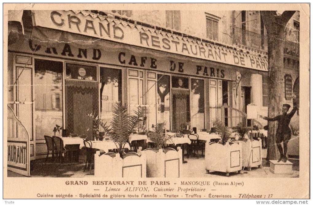 MANOSQUE GRAND RESTAURANT DE PARIS LEONCE ALIVON CUISINIER PROPRIETAIRE