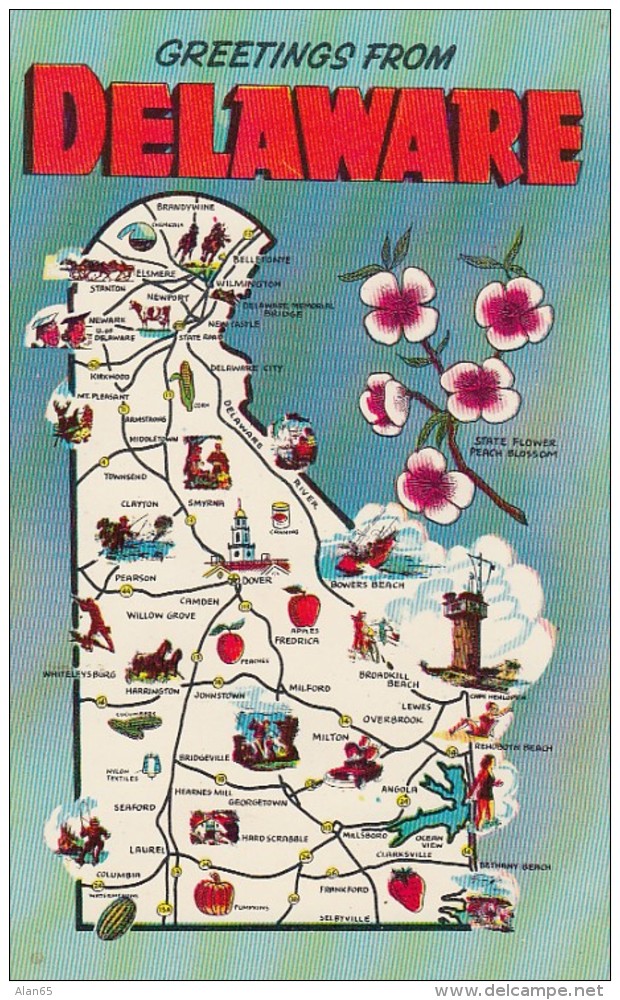 Map of Delaware, State Map, c1950s/60s Vintage Postcard