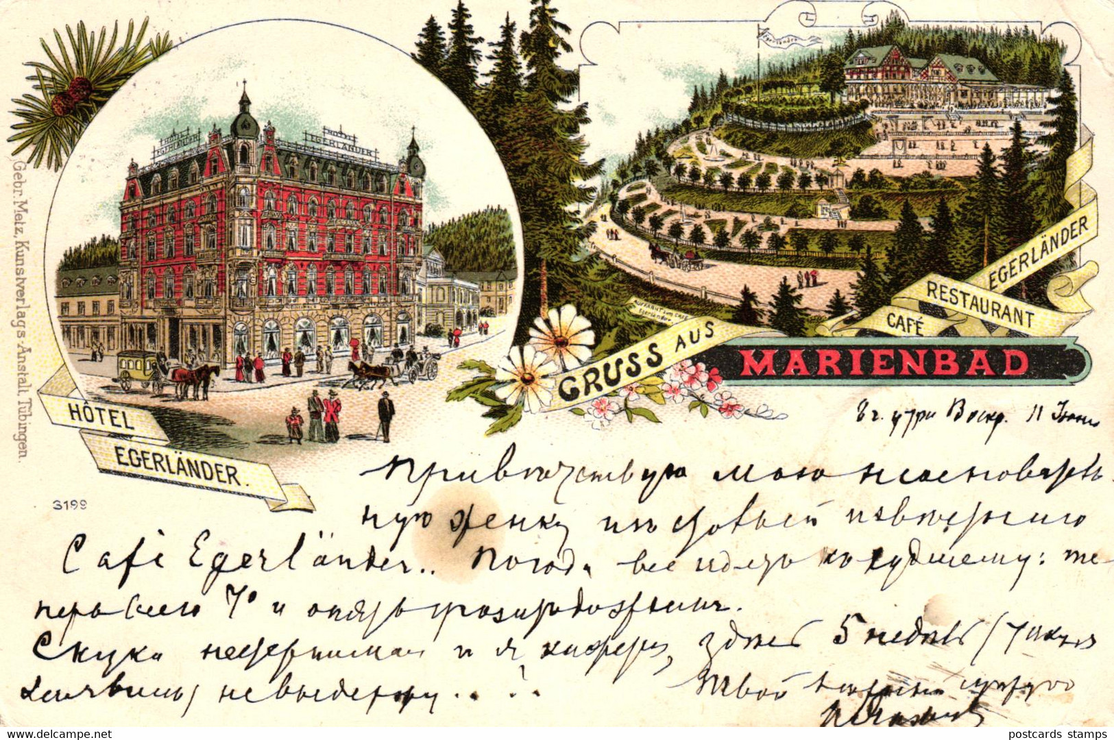 Marienbad, Farb-Litho, Hotel "Egerländer" und Cafe / Restaurant "Egerländern", 1899